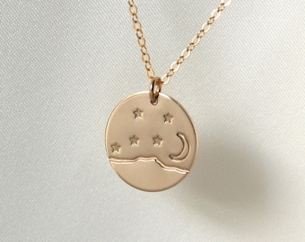 Camel's Hump with Crescent Moon & Stars Coin Necklace in Sterling Silver or gold filled - Vermont Mountain Necklace