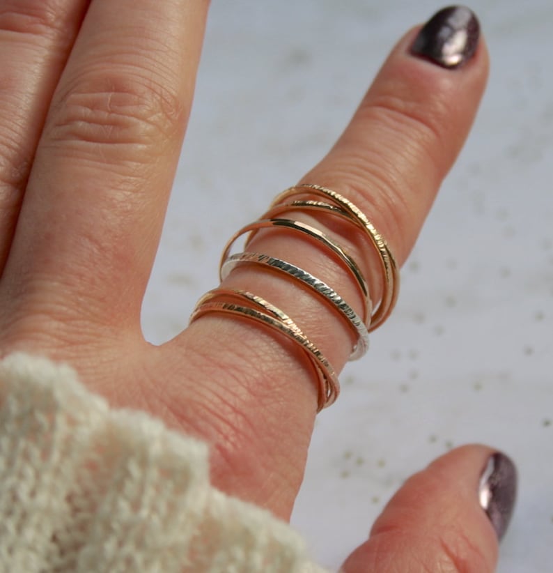 Mixed Metals Textured Interlocking Stacking Rings Sterling Silver /& Gold-Filled