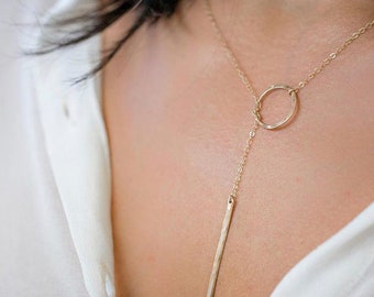 Eternity Cirlce Dainty Lariat Necklace with hammered bar drop