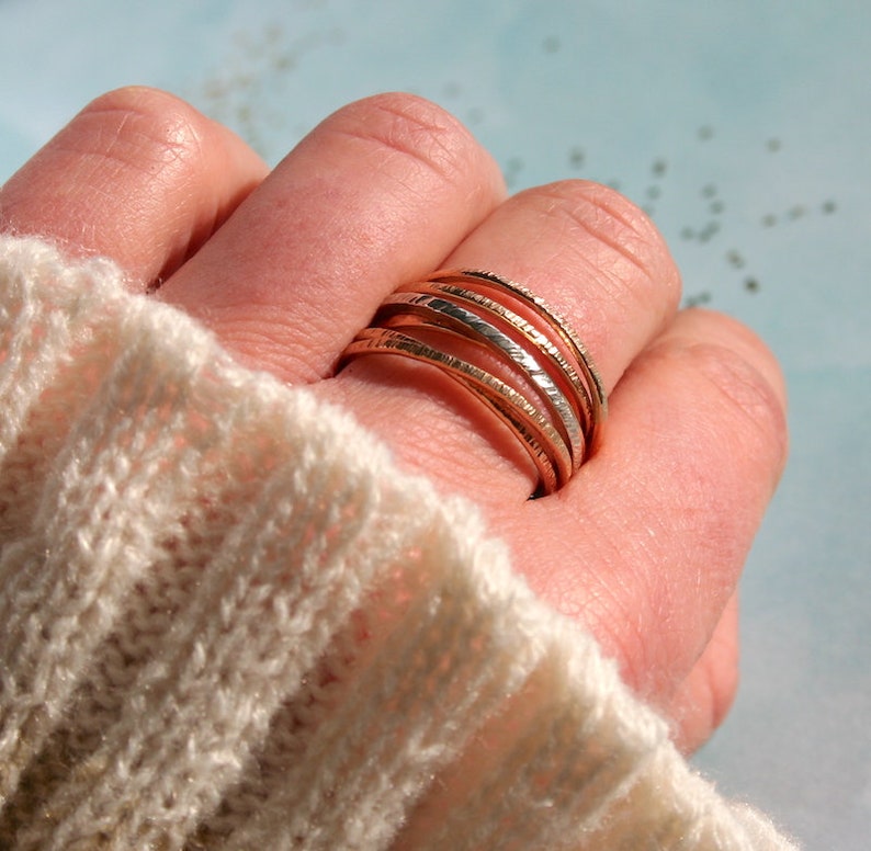Mixed Metals Textured Interlocking Stacking Rings Sterling Silver /& Gold-Filled