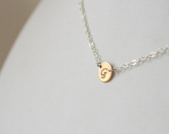 Tiny Two Tone Initial necklace, Petite Initial Necklace, Mixed metals Initial necklace, Gold Filled and Sterling Silver Initial Necklace
