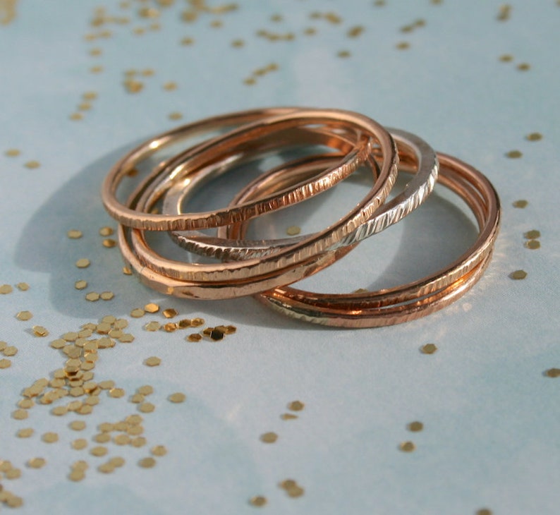 Mixed Metals Textured Interlocking Stacking Rings Sterling Silver /& Gold-Filled