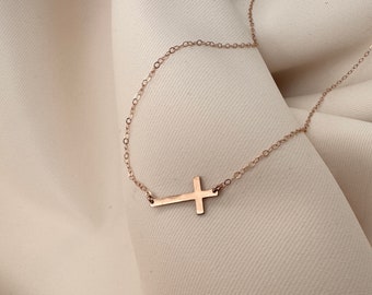 14k ROSE Gold Filled Sideways Cross Necklace