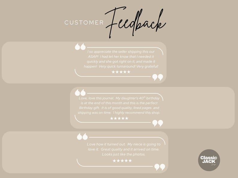 Może przedstawiać: Beżowa grafika ze słowem &bdquo;Feedback&rdquo; w kursywie. Obraz zawiera recenzje klient&oacute;w w dymkach, z tekstem i ocenami gwiazdkami. Logo Classic Jack Designs znajduje się w prawym dolnym rogu.