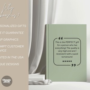Może przedstawiać: Szałwiowa zielona książka z tekstem "This is the PERFECT gift for a person who has everything! The quality is very high end and I received it with a quick turnaround." Obok wazon z suszonymi kwiatami.