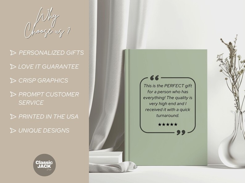 Może przedstawiać: Szałwiowa zielona książka z tekstem "This is the PERFECT gift for a person who has everything! The quality is very high end and I received it with a quick turnaround." Obok wazon z suszonymi kwiatami.