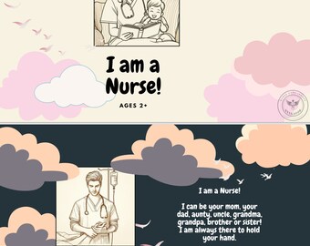 Könnte beinhalten: Eine Schwarzweißillustration einer Krankenschwester, die einem Kind vorliest. Der Text lautet "Ich bin eine Krankenschwester!" und "Ab 2 Jahren".