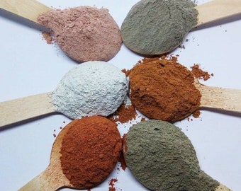 Moroccan clay powder, red and green. From Moroccan clay mines. 100% pure, organic and natural. For all skin types purifies and cleanses.