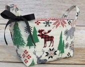 Christmas Holiday Xmas - Storage Organization Container Bin Organizer Basket - Forest Woodland Animals Moose Bear Deer Nordic Fabric