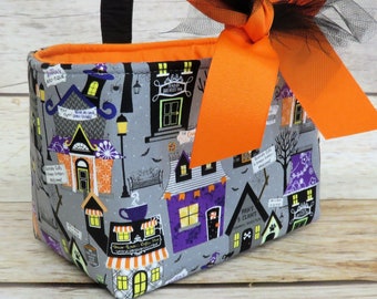 Halloween Trick Treat Basket Candy Bucket Bin - Fun Hometown on Gray FABRIC - PERSONALIZED/ Name Tag Available