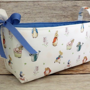 Peter Rabbit Beatrix Potter Fabric, Flopsy Mopsy Jemima Puddleduck Mrs Tiggy Winkle, Long Diaper Caddy Bin Basket, Baby Room Nursery Decor
