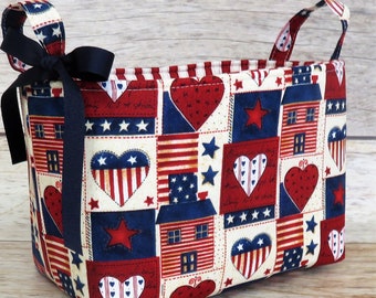 Patriotic Rustic Hearts and Houses Fabric - Bin Basket Bag Storage - Memorial Day - 4th of July Room Decor