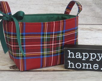 Tela a cuadros roja, azul y verde de Navidad - Cesta de contenedor organizador de almacenamiento de tela navideña navideña - Decoración de la habitación