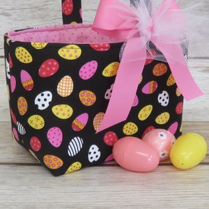SALE/ CLEARANCE Tossed Pink Yellow Eggs on Black Fabric Easter Egg Hunting Candy Bag Basket Bucket image 1