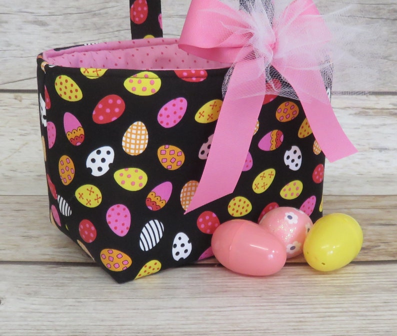 SALE/ CLEARANCE Tossed Pink Yellow Eggs on Black Fabric Easter Egg Hunting Candy Bag Basket Bucket image 1