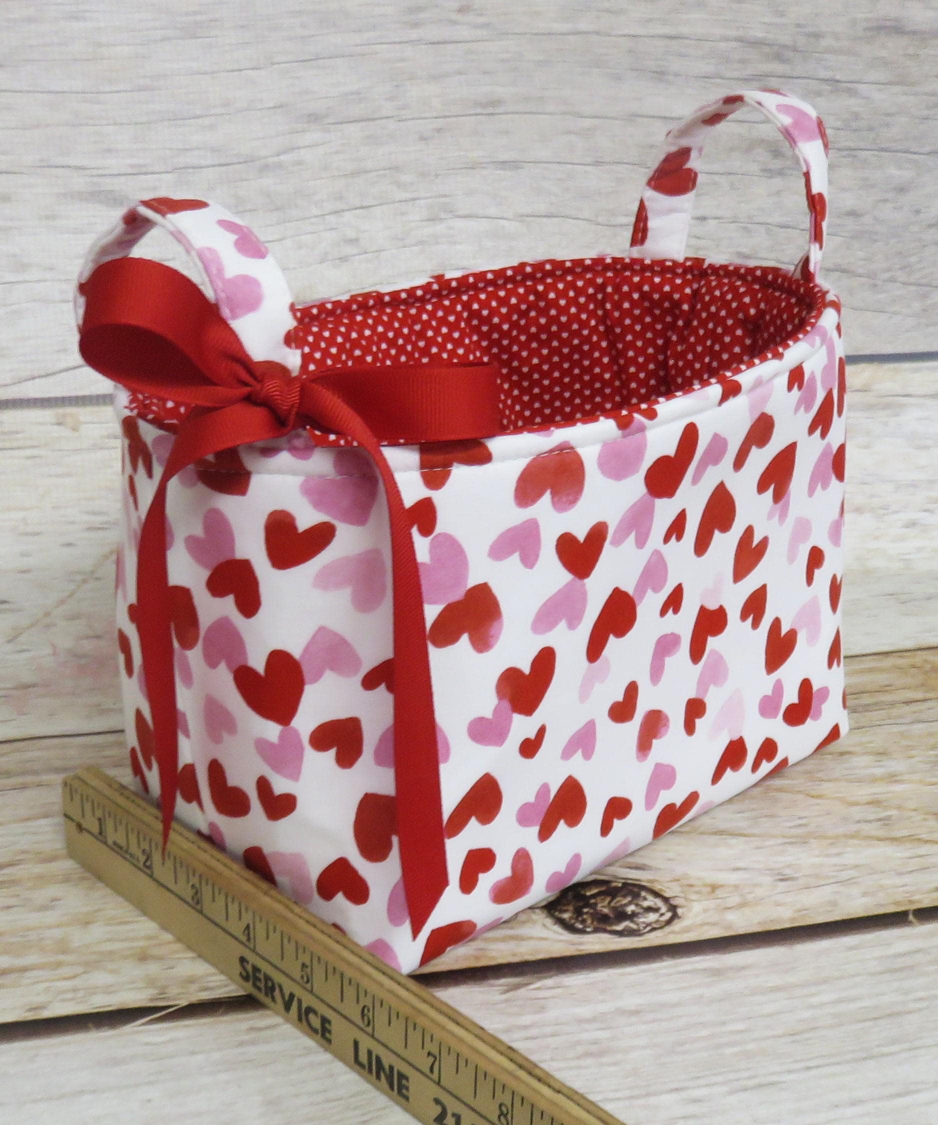 Pink and Red Hearts on White Valentines Day fabric - Storage Gift Basket - Organizer Bin - Valentine