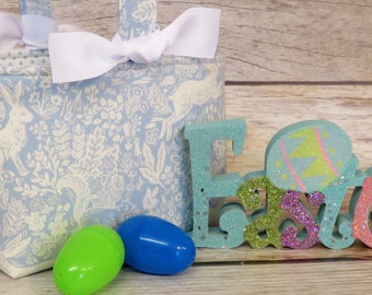 Easter Egg Hunt Candy Bag Basket Bucket Tote - Rabbits Bunnies Bunny Rabbit Fable in Blue Fabric - Personalized Name Tag Applique Available