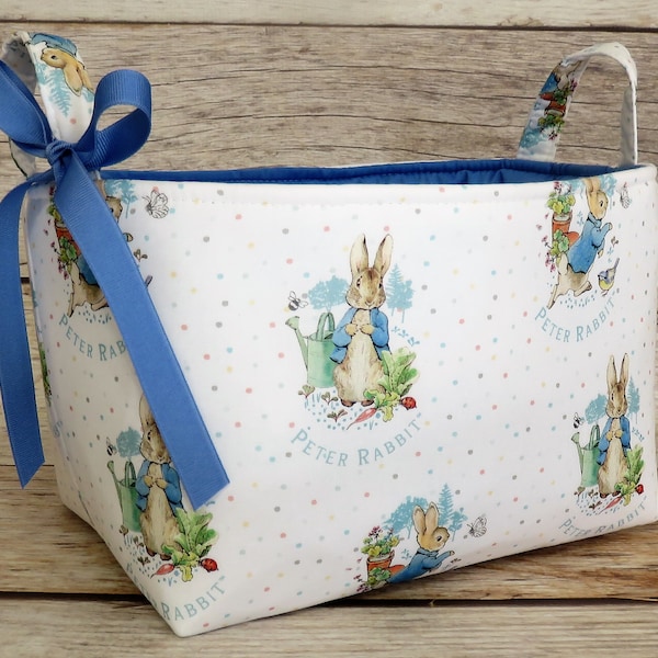 Peter Rabbit Badges on White Fabric  - Diaper Caddy Organizer Bin Basket - Medium Size - Baby Room Decor