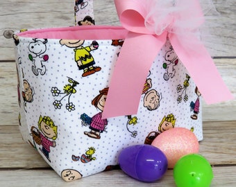 Easter Egg Basket Candy Bucket Bin Storage Container - Peanuts Gang on White Fabric - Charlie Brown - PERSONALIZED/ Name Tag Available