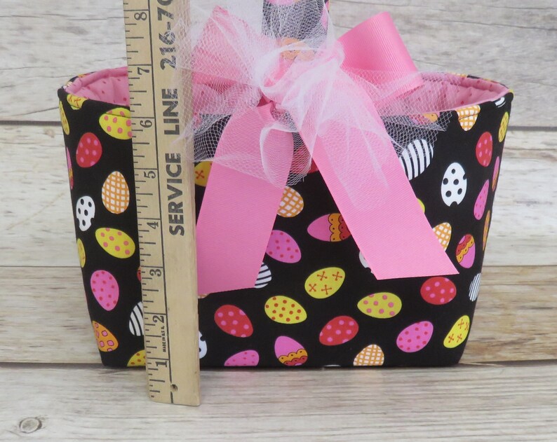 SALE/ CLEARANCE Tossed Pink Yellow Eggs on Black Fabric Easter Egg Hunting Candy Bag Basket Bucket image 5