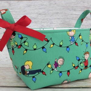 Fabric Storage Organizer Container Bin Basket -  Christmas Peanuts Charlie Brown Snoopy and Friends with Lights