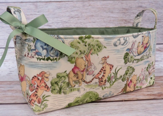 Winnie the Pooh Toile Fabric Diaper Caddy – Organizer Basket Bin - Long Diaper Caddy
