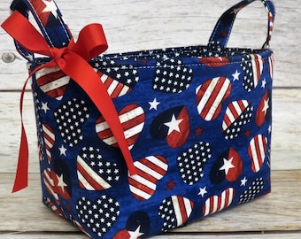 Patriotic Stars - Stripes and Hearts on Navy Blue fabirc - Bin Basket Bag Storage - Memorial Day - 4th of July Room Deck Decor