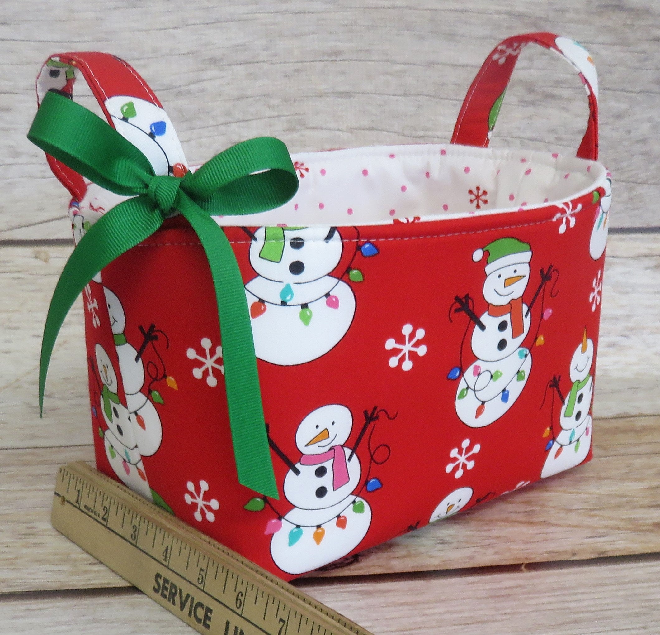Snowman and Christmas Lights on Red, Holiday Xmas Fabric, Storage Organization Container Bin Organizer Basket