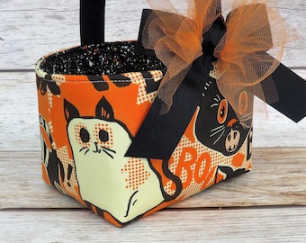 Halloween Trick Treat Basket Candy Bucket Bin - SPOOKTACULAR Scaredy Spooky Cat Fabric - PERSONALIZED/ Name Tag Available