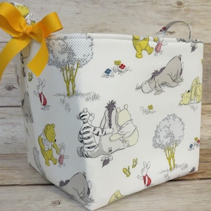 Large Storage Bin Basket Bucket - 10 in x 10 in x 10 in - Winnie Pooh Eeyore Tigger White Fabric - Baby Room Decor
