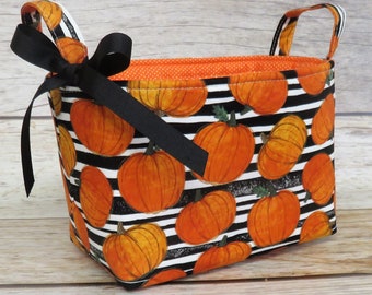 Pumpkins Fall Autumn Black/ White Stripe Fabric Bin Storage Container Basket - Holiday Decor Organizer