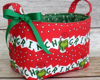 Holiday Horizontal Line Grinch Fabric - Merry Christmas Xmas Holiday Storage - Fabric Bin Basket -