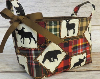 Storage Fabric Organizer Bin Container Basket - Brown Bear Moose Deer Plaids Woodland Rustic Cabin Fabric Baby Nursery Decor Shower Gift