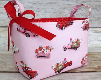 Red - Pink Trucks Flowers Floral Valentines Day fabric - Storage Gift Basket - Organizer Container Bin - Valentine - Teacher Appreciation