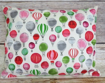 Pink Green Hot Air Balloons fabric - Toddler/Kid/Travel Size Pillowcase and Pillow Insert – 16 in x 12 in