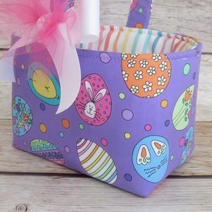 Hoppy Easter Fancy Eggs on Purple Fabric Easter Egg Hunt Candy Bag Basket Bucket Tote Personalized Name Tag Applique Available image 2