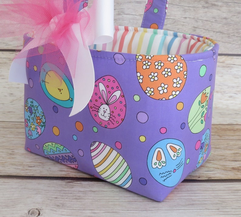 Hoppy Easter Fancy Eggs on Purple Fabric Easter Egg Hunt Candy Bag Basket Bucket Tote Personalized Name Tag Applique Available image 2