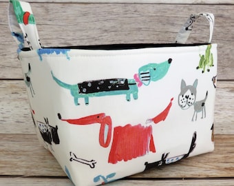Fun Colorful Dogs on White Fabric - Medium Size Bin Container Basket - Room Decor