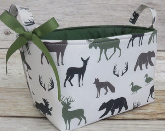 Woodland Fabric - Woodland Animals - Camo- Deer Baby Boy Hunting Fabric - Diaper Caddy Bin Storage Organizer Container Basket