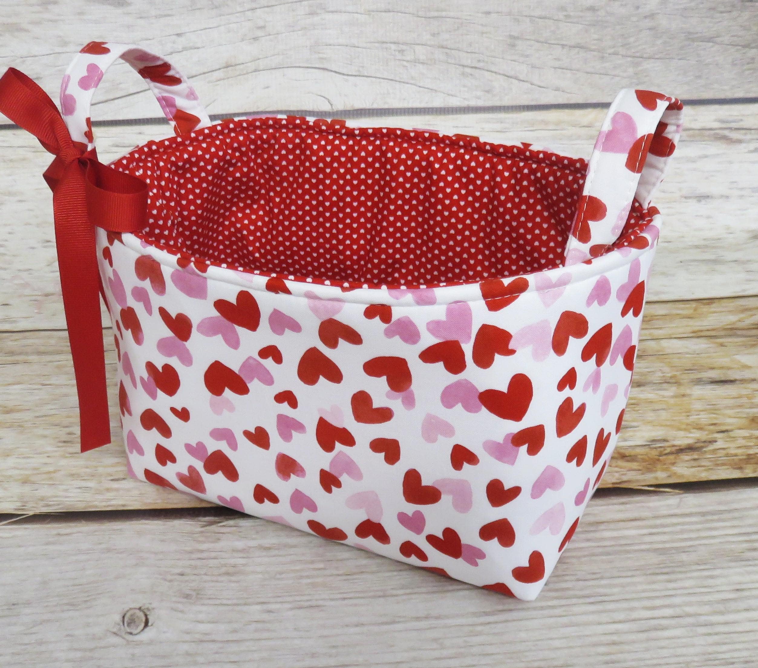 Pink and Red Hearts on White Valentines Day fabric - Storage Gift Basket - Organizer Bin - Valentine