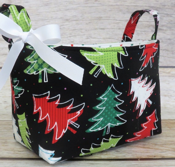 Colorful Mod Trees on Black Christmas Fabric - Storage Organizer Container Bin Basket - Teacher Appreciation