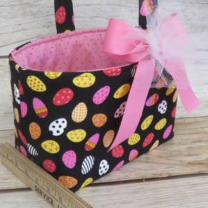 SALE/ CLEARANCE Tossed Pink Yellow Eggs on Black Fabric Easter Egg Hunting Candy Bag Basket Bucket image 6