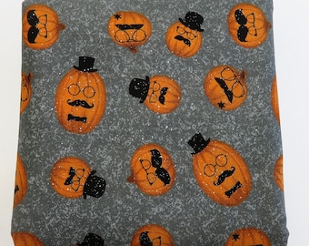 Fun Pumpkins - Top Hats - Glasses - on Gray Halloween Fabric - Out of Print OOP - Sold by the Half Yard