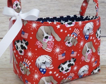 Patriotic Pups Dogs on Red Fabric - Bin Basket Bag Storage - Memorial Day - 4th of July Room Decor