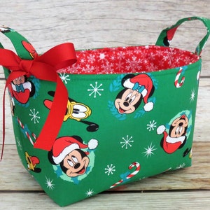 Mickey and Pluto Faces on Green Fabric - Holiday Gift Basket - Storage Organization - Fabric Organizer Container Bin Basket