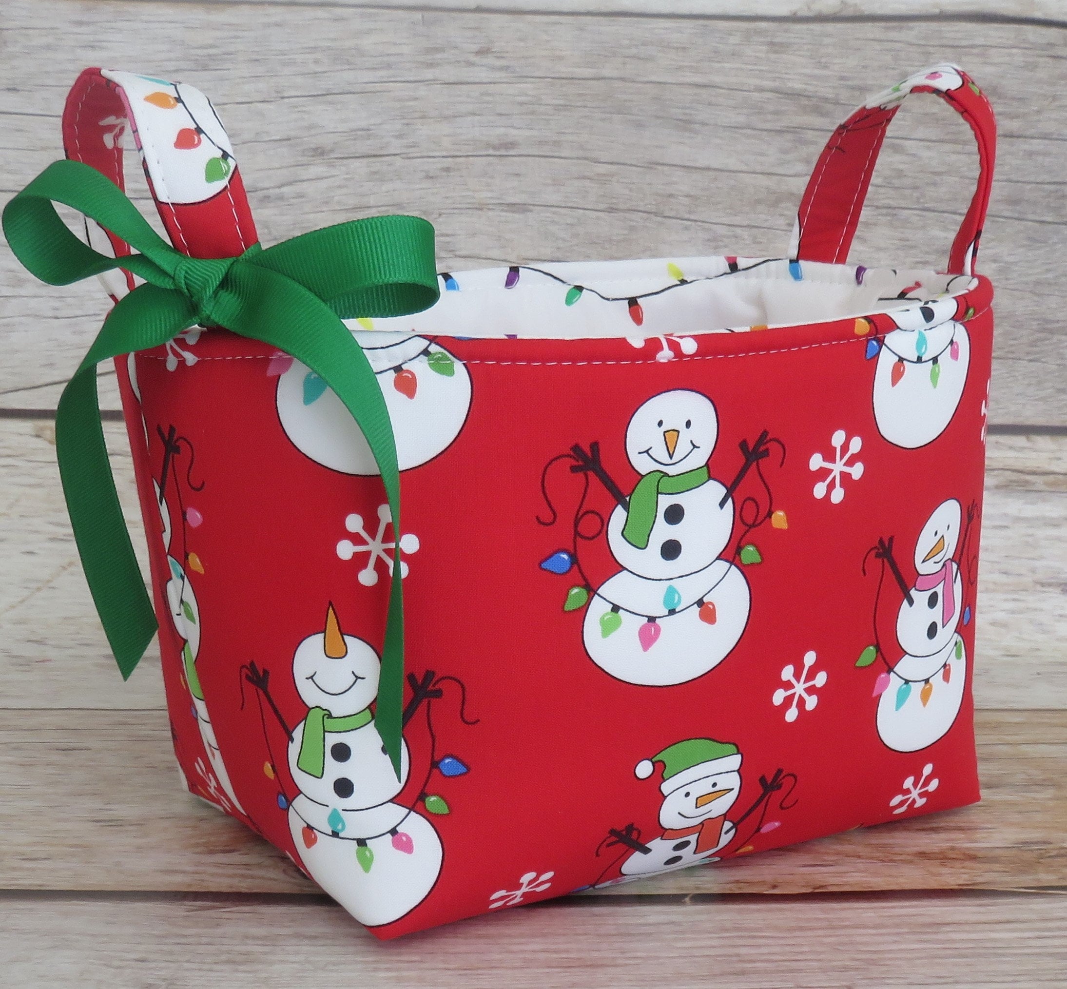 Snowman and Christmas Lights on Red, Holiday Xmas Fabric, Storage Organization Container Bin Organizer Basket