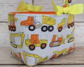 Halloween Candy Basket Candy Bucket Bin - Yellow Orange Construction Trucks Fabric - PERSONALIZED/ Name Tag Available