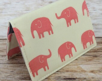 Debit Credit Card Case - Business Card Case - Receipts Cash Case - Pink Elephants on Cream Fabric