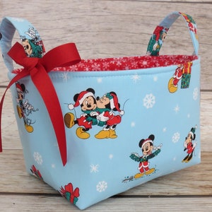 Mickey Mouse and Minnie Mouse Merry Christmas on Blue - Holiday Gift Basket - Storage Organization - Fabric Organizer Container Bin Basket