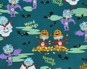 Spooky Thing 1 Thing 2 in Halloween Costumes with Bats Holiday Fabric - Sold by the Half Yard